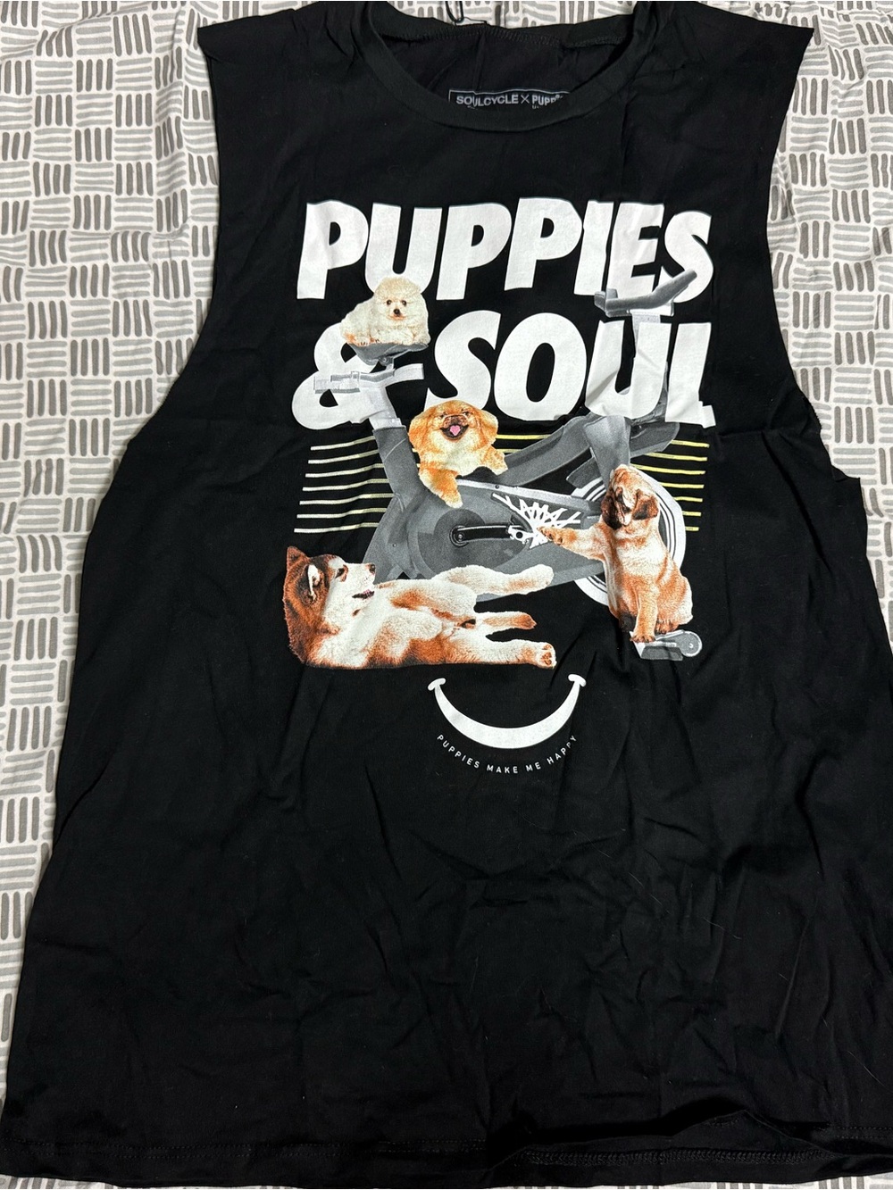 soulcycle Black Graphic Muscle Tee with Puppies Print